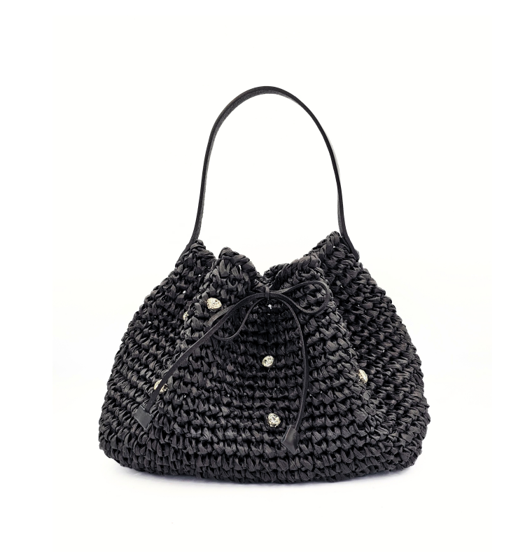 Serena Black Raffia Bucket Bag 