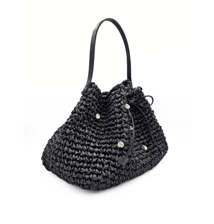 Serena Black Raffia Bucket Bag 