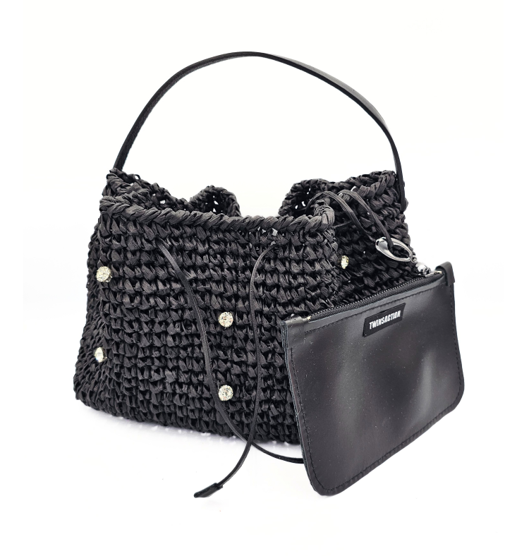 Serena Black Raffia Bucket Bag 